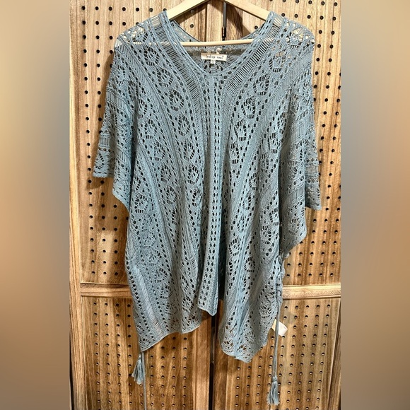 Indigo Soul Crochet Knit Sweater Cover Up with Side Gather Tassels Poncho - Picture 2 of 6